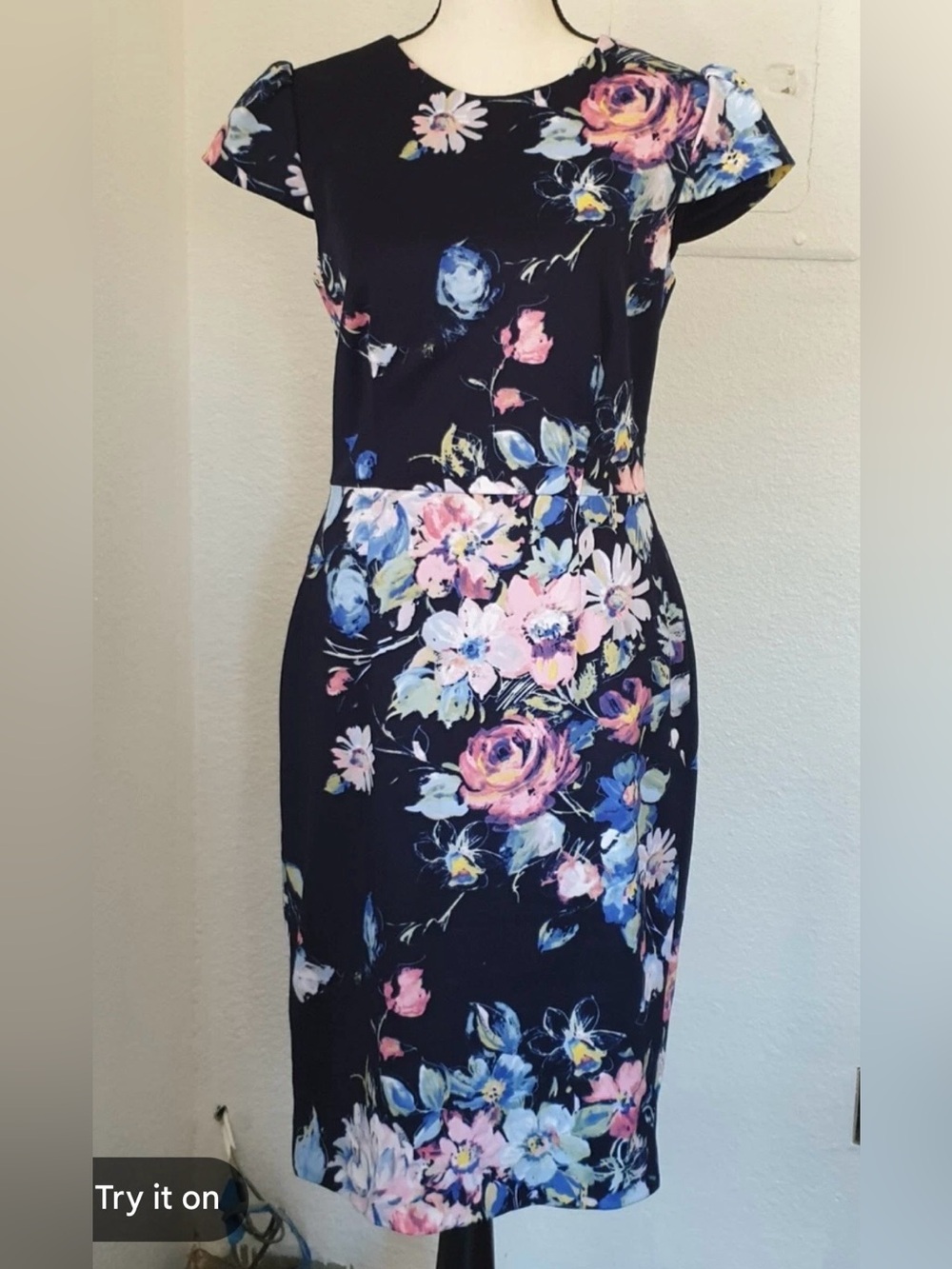 Betsey Johnson Navy Floral Midi Dress with Pink & Blue Blooms